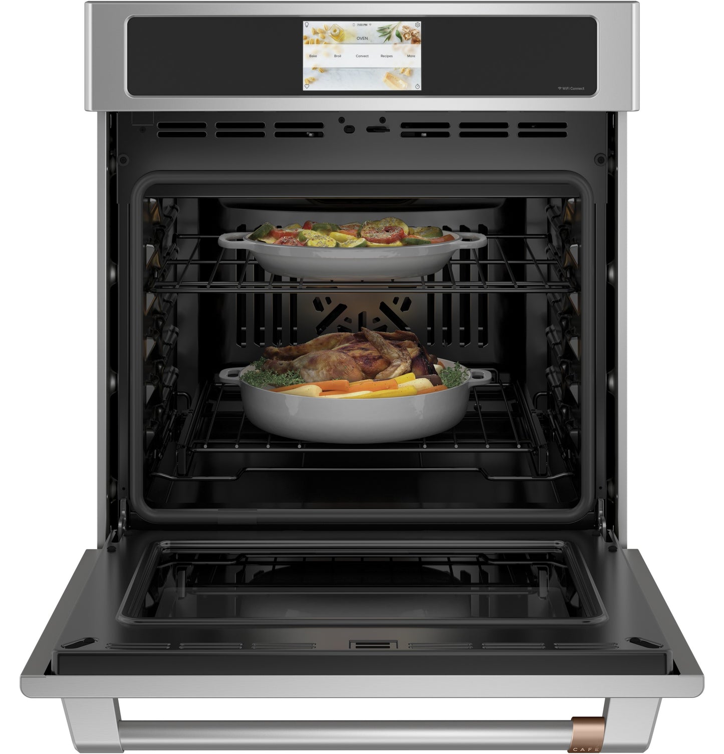 Open stainless steel smart wall oven with convection cooking two dishes inside in kitchen appliances collection