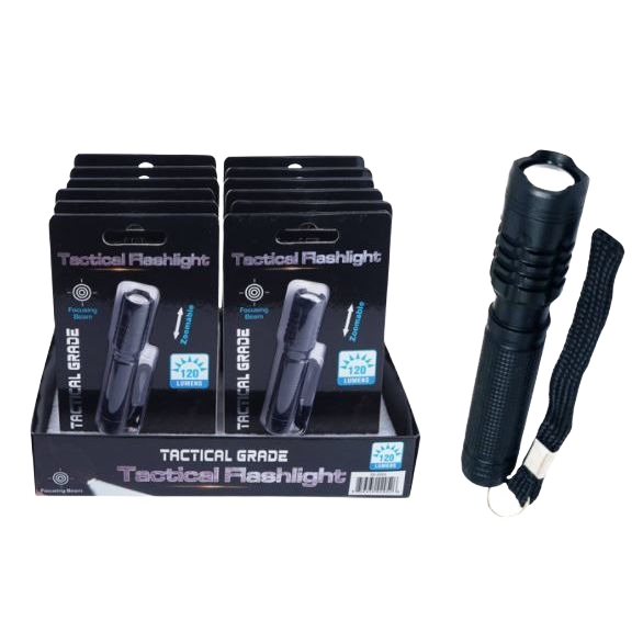 Compact black tactical flashlight with wrist strap and adjustable focus, ideal for tools and home improvement tasks