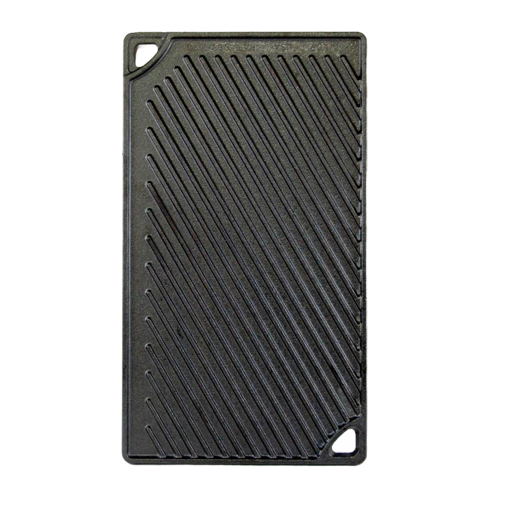 Rectangular cast iron griddle with diagonal raised grill ridges and integrated corner pour spouts for outdoor cooking.