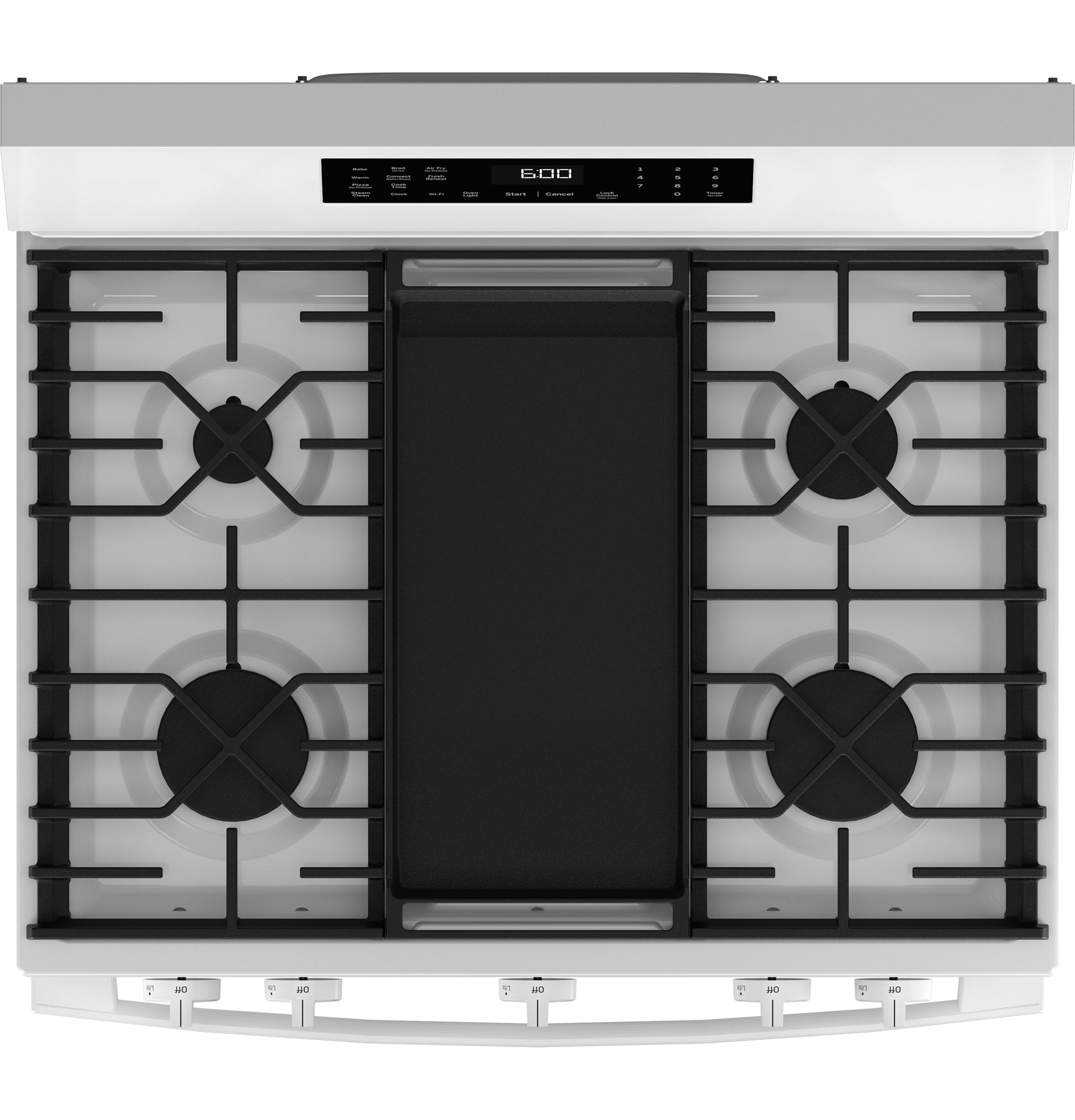 Top view of white free-standing gas range with four burners, griddle, and digital control in kitchen appliances collection