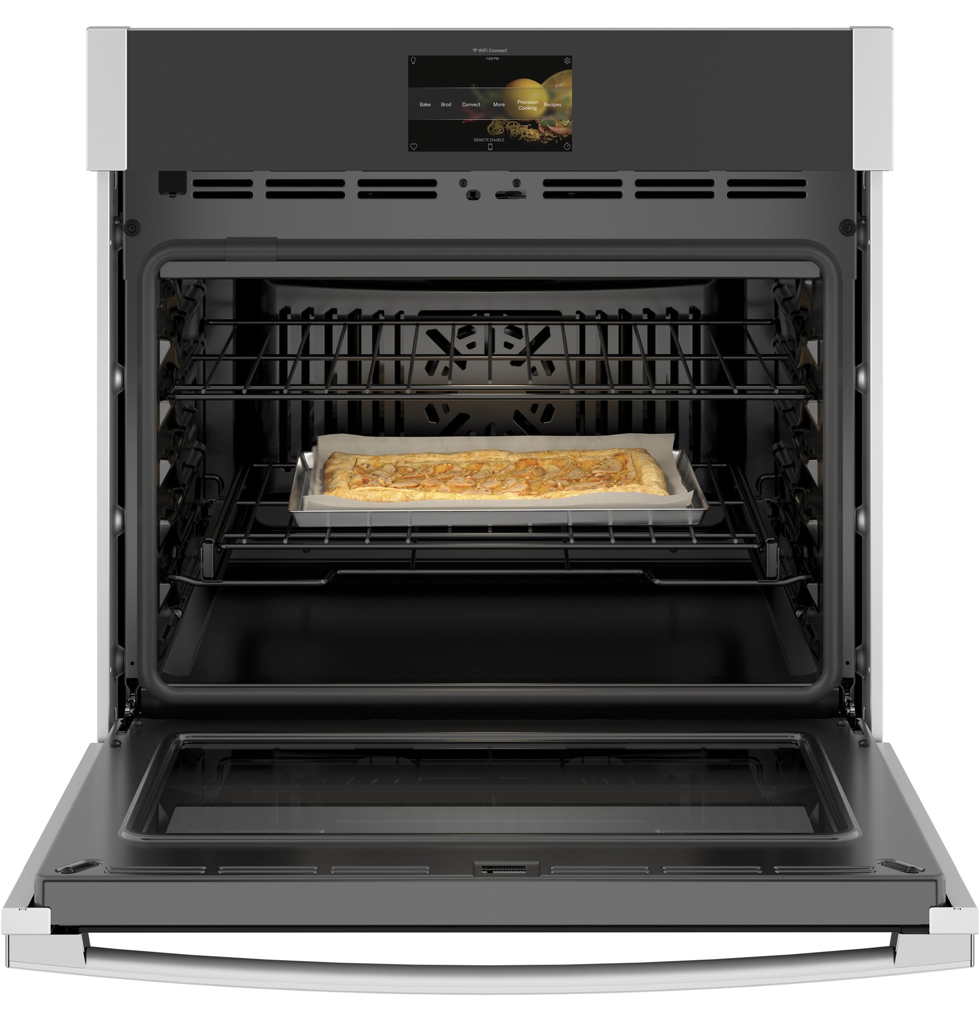 Open built-in convection wall oven in stainless steel with in-oven camera and cooked dish inside in appliances collection