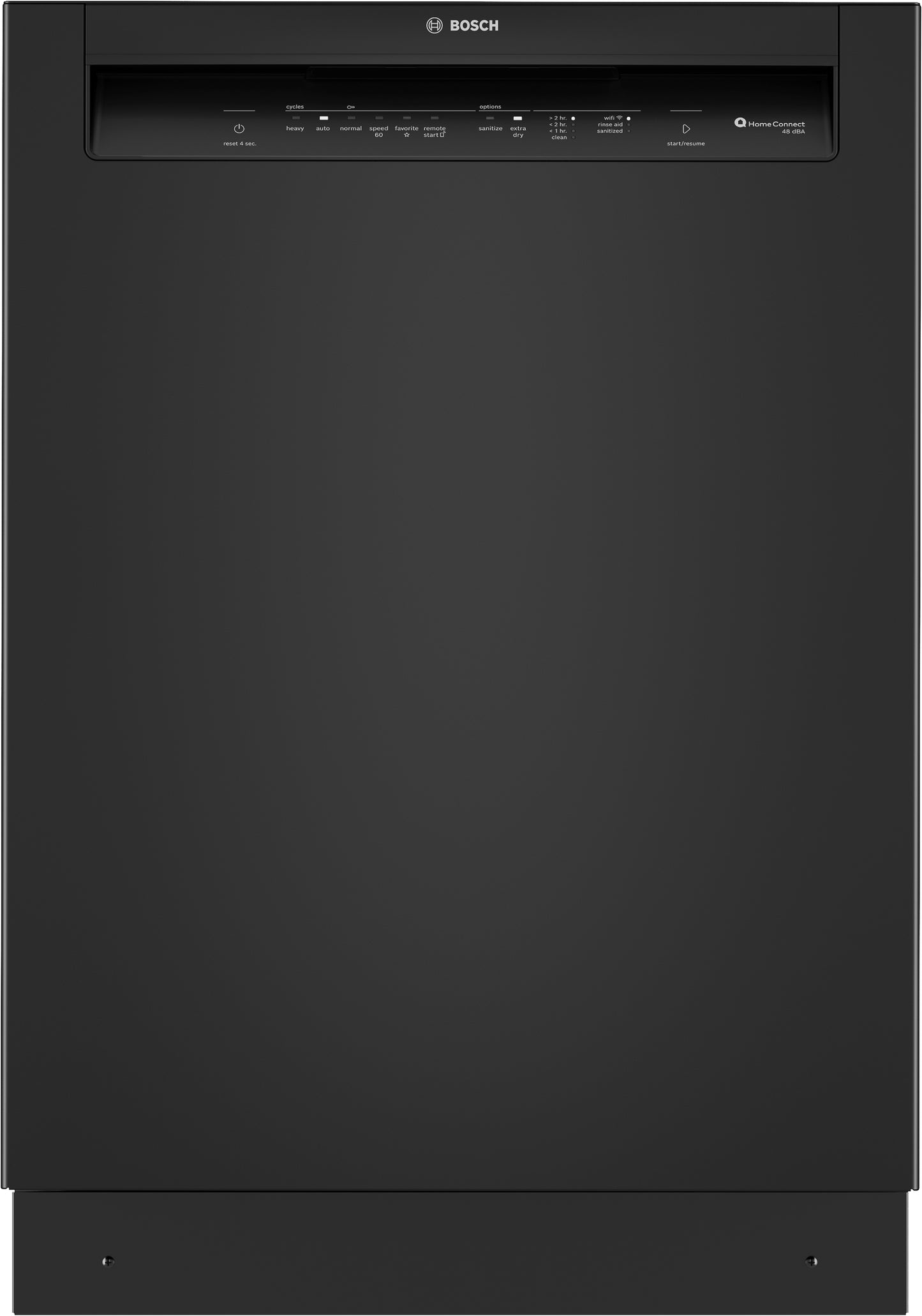 Black Bosch dishwasher front with slim digital control panel and Home Connect feature from Appliances collection