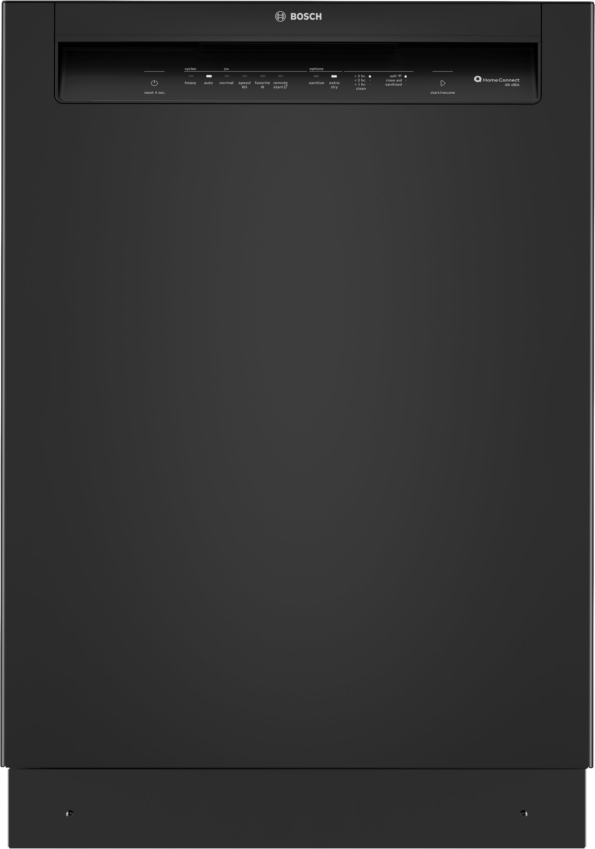 Black Bosch dishwasher front with slim digital control panel and Home Connect feature from Appliances collection