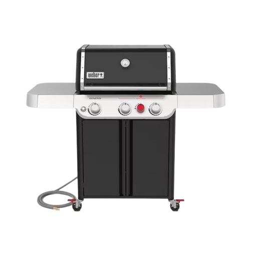 Black natural gas grill with stainless steel side tables and control knobs, designed for outdoor cooking and grilling.