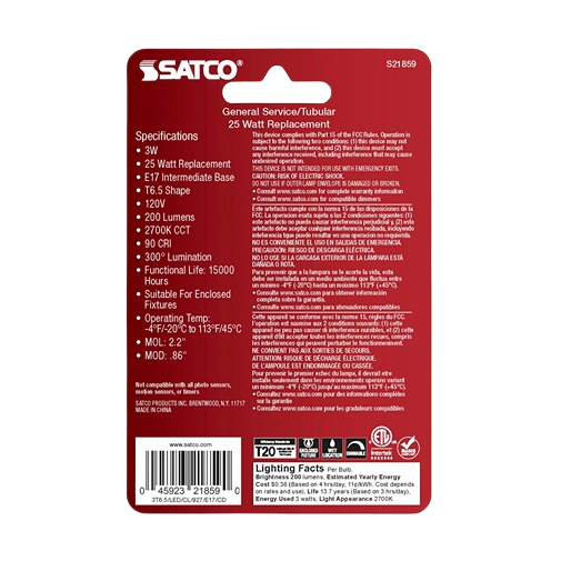 Satco 3 watt T6.5 LED bulb with clear finish, warm white light, intermediate base for general lighting applications under $50 collection