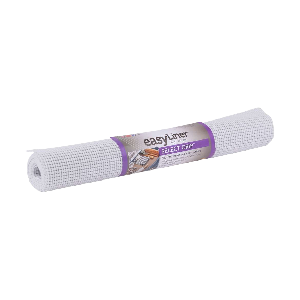White non-adhesive shelf liner roll with textured grip surface for kitchenware and storage organization use
