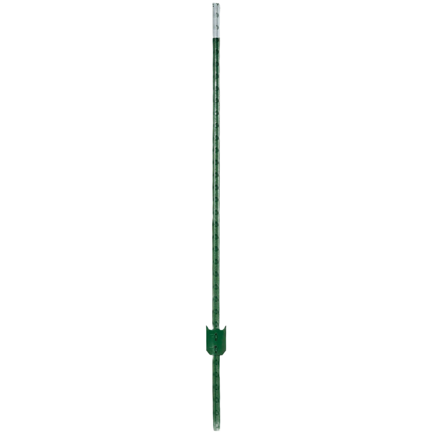 Green steel fence post with pointed end and bracket for securing wire or panels in home improvement tasks