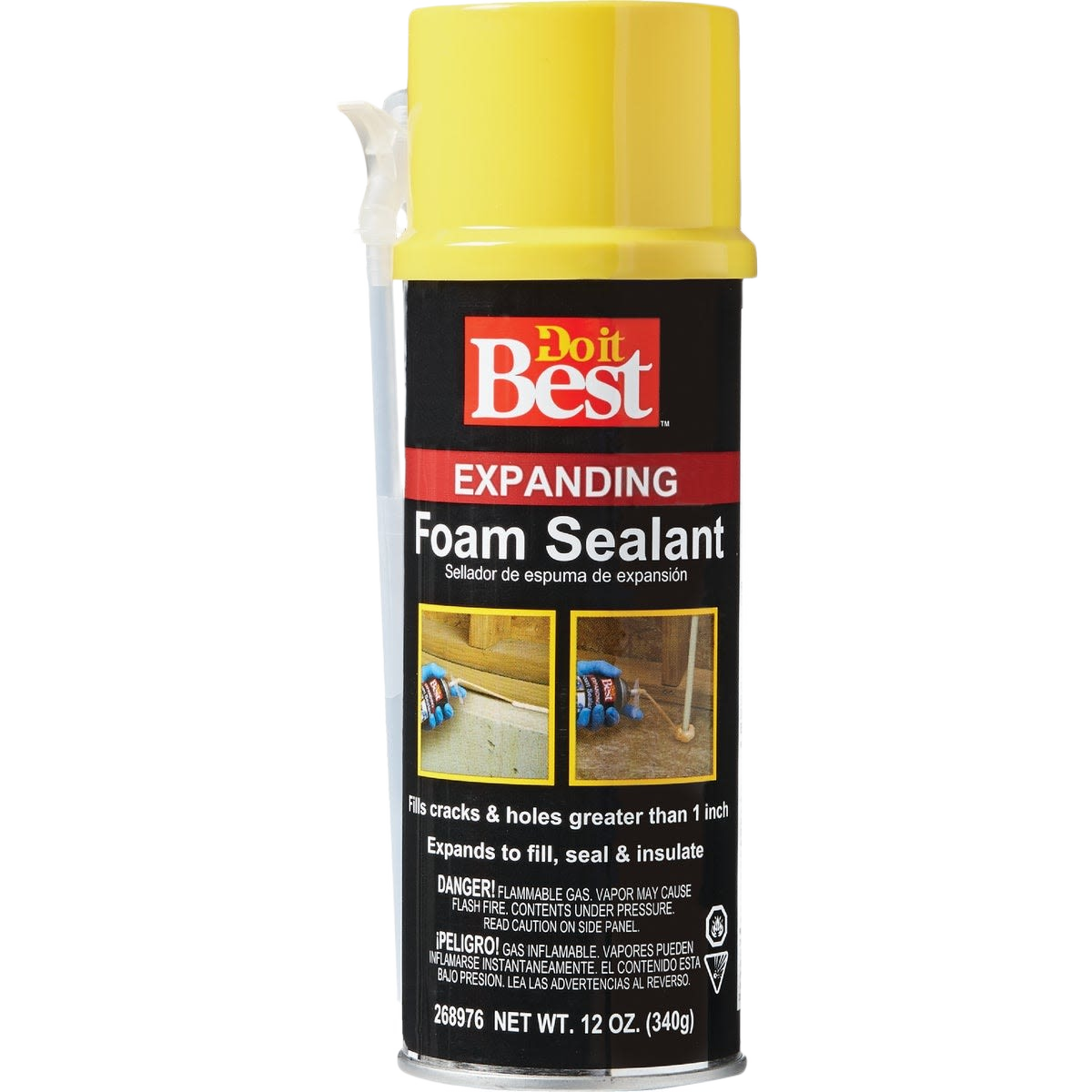 Yellow-capped can of expanding foam sealant for filling and insulating cracks in home improvement projects