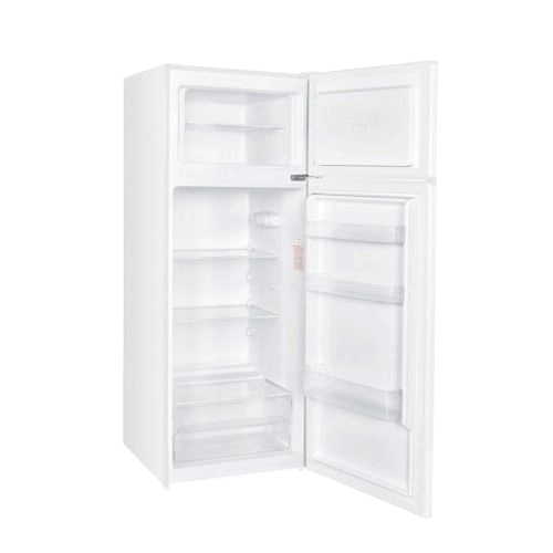 White manual defrost top freezer refrigerator with covered crisper and adjustable shelves in kitchen appliance setting