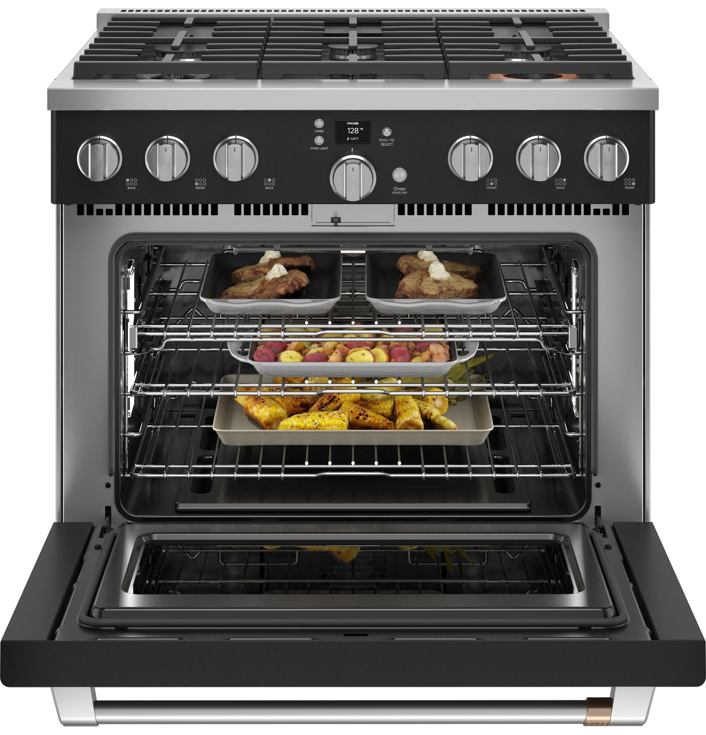 Open front view of stainless steel six-burner commercial-style gas range with food inside oven racks in kitchen appliances