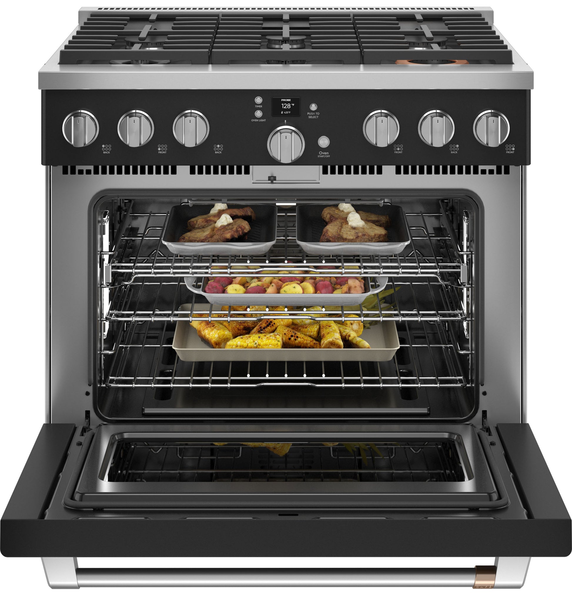 Open front view of stainless steel six-burner commercial-style gas range with food inside oven racks in kitchen appliances