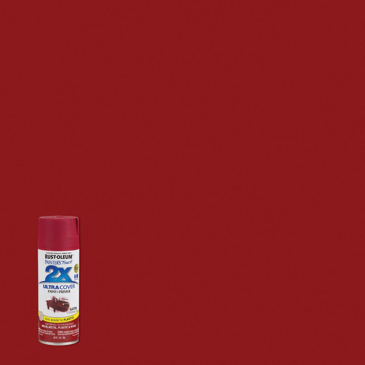 Colonial red satin spray paint can with smooth rich red color background for paint and home improvement collections