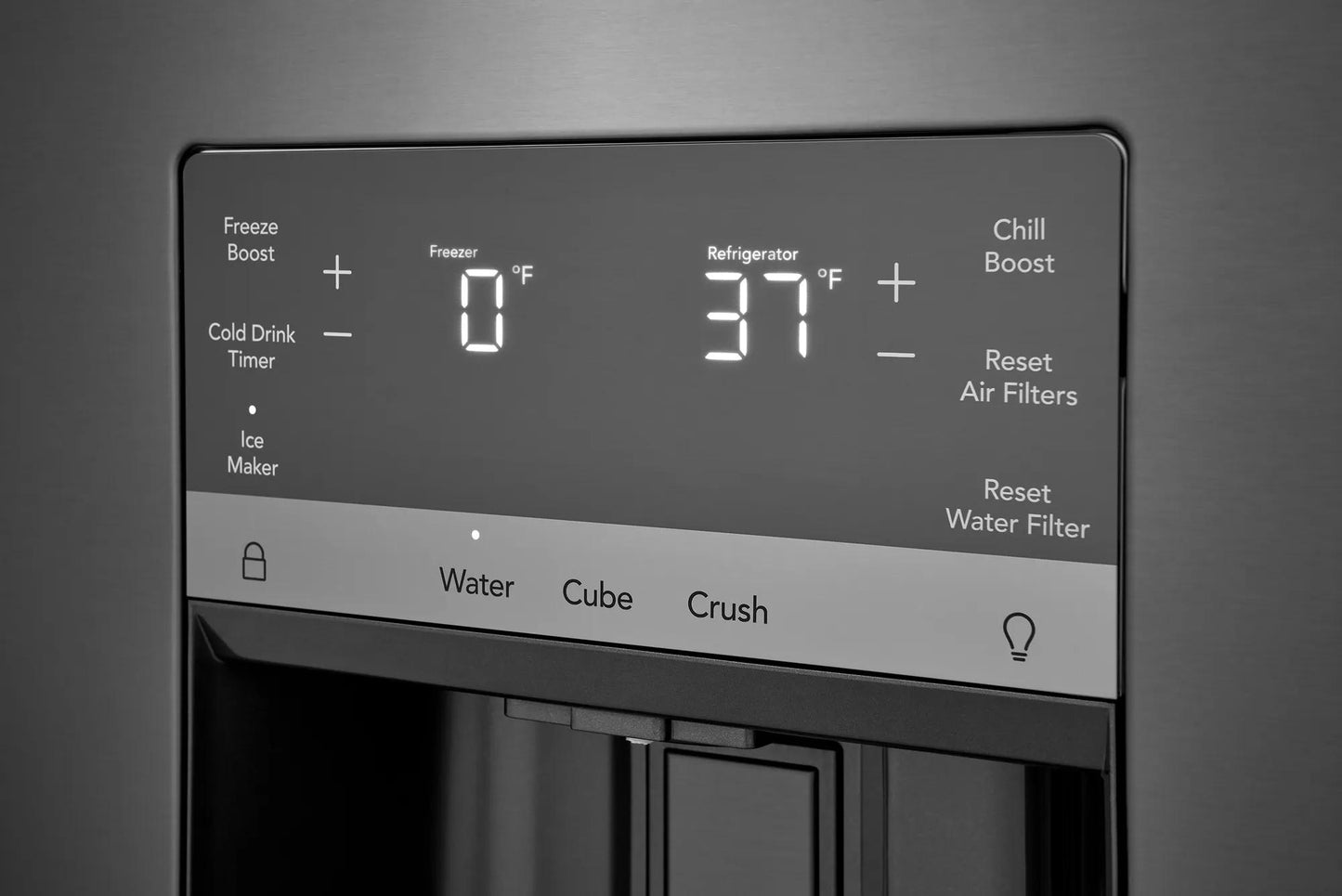 Close-up of black stainless steel refrigerator control panel with digital temperature and dispenser options for kitchen appliances collection