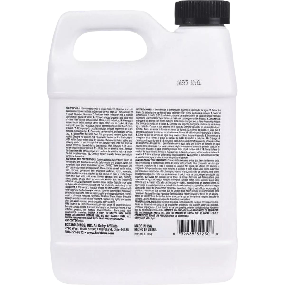 White plastic container with handle and black cap showing detailed label text for tankless water heater descaler product