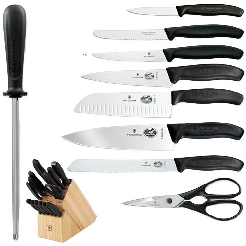 Set of kitchen knives and sharpening steel with ergonomic black handles and wooden block for knife storage in kitchenware collections