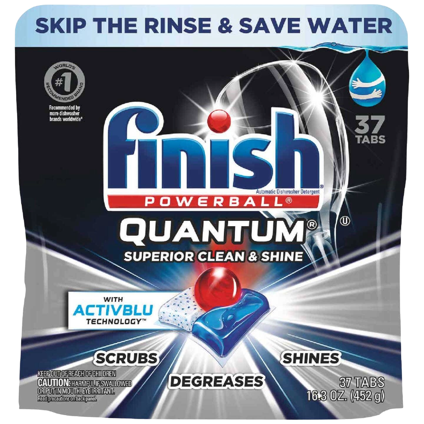 Finish Powerball Quantum dishwasher detergent pack with 37 tabs for household cleaning supplies and dishwashing tasks