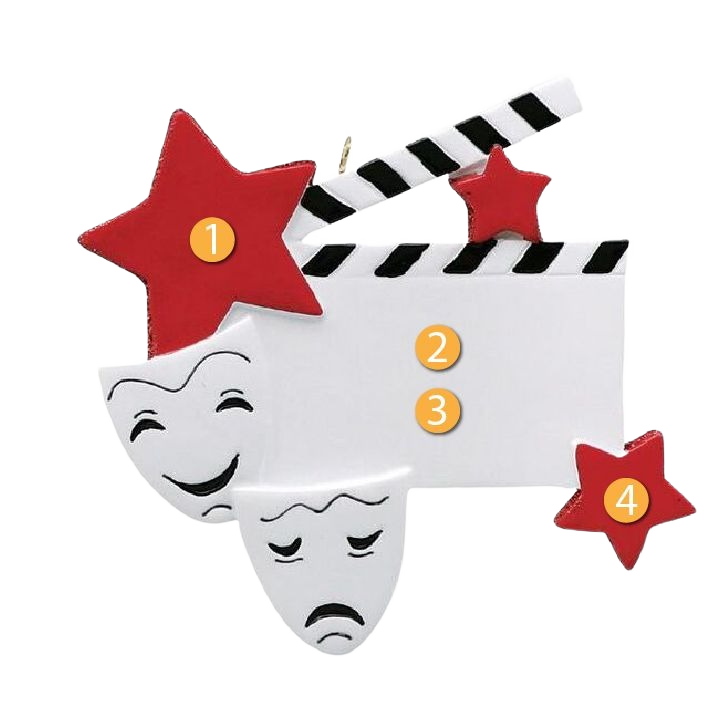 Red star-shaped drama ornament with clapperboard and comedy and tragedy masks for Christmas decor collection