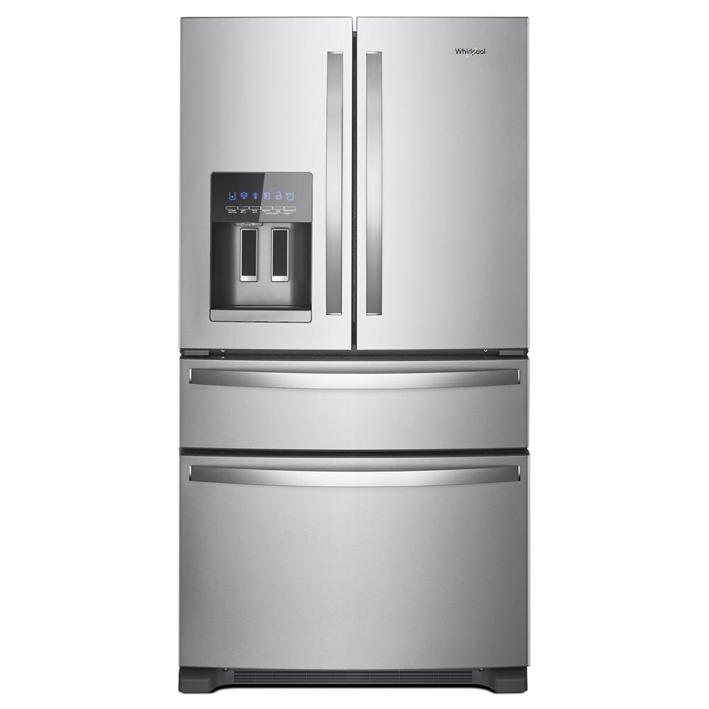 Stainless steel French door refrigerator with bottom freezer drawers and exterior water dispenser in kitchen appliances collection