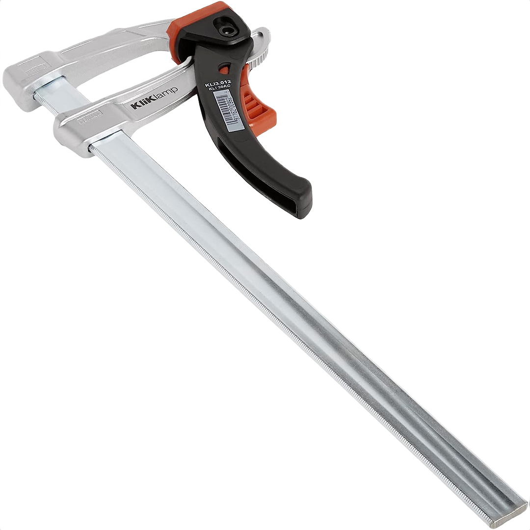 Light duty lever clamp with metal bar and ergonomic handle designed for home improvement and woodworking tasks