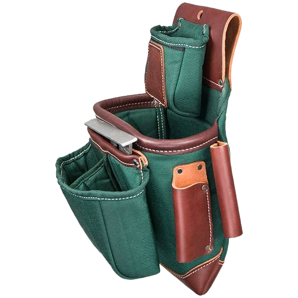 Green and brown leather and fabric fastener bag with multiple pockets for woodworking tools and workshop organization collections