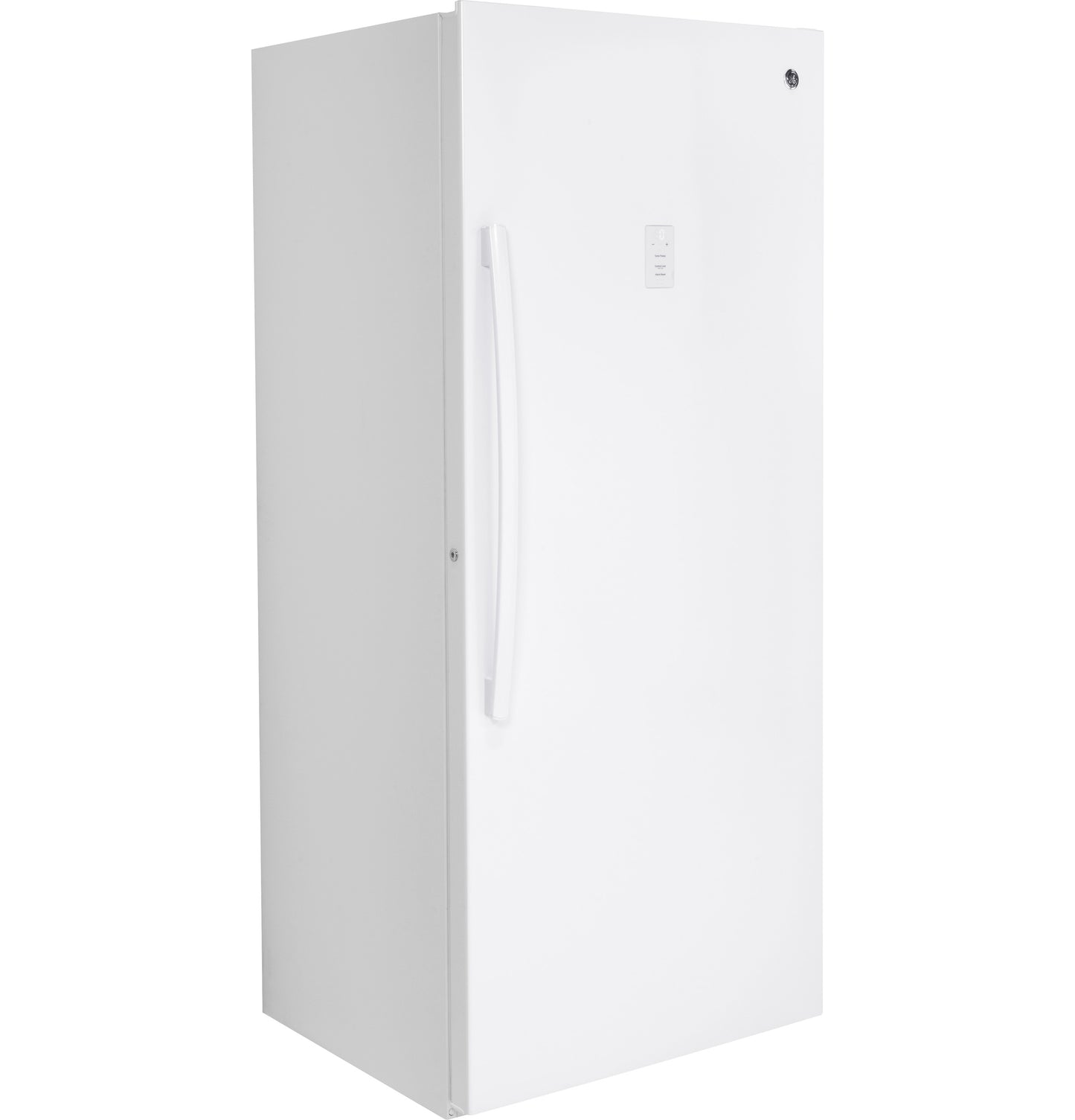 White upright frost-free freezer with vertical handle and digital control panel, part of freezers and kitchen appliances collection