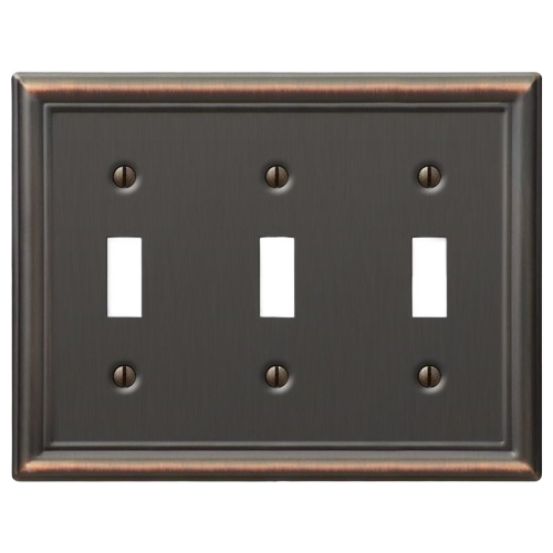 Antique bronze three-toggle wall plate with decorative beveled edges for home improvement projects