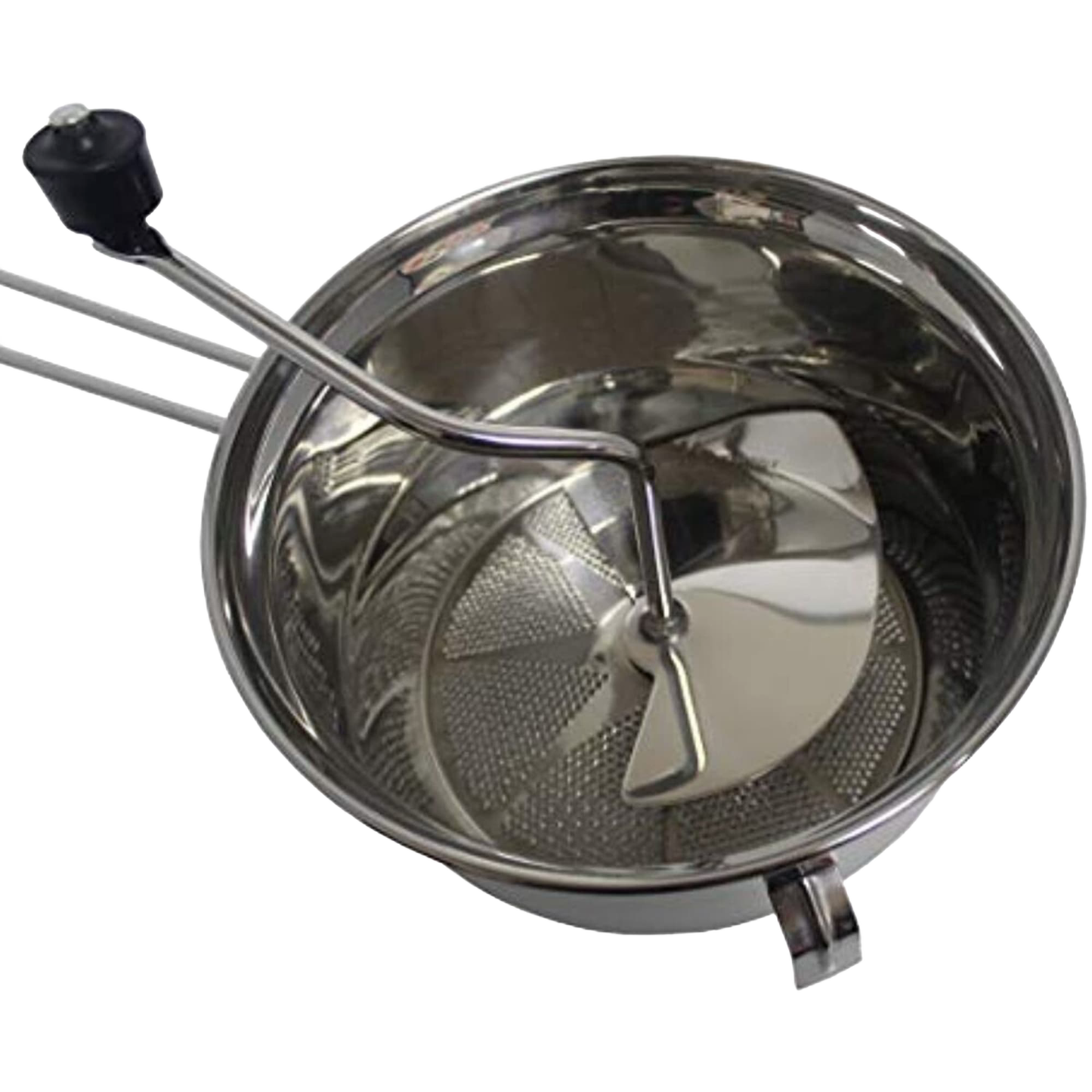 Stainless steel food mill with hand crank and fine mesh for processing fruits and vegetables in kitchenware collection