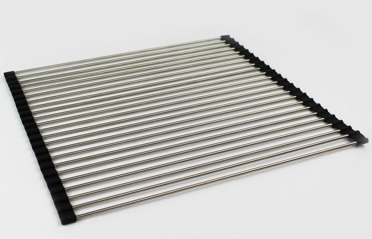 Stainless steel kitchen sink roller mat with black edges for extra countertop space in kitchenware and home improvement collections