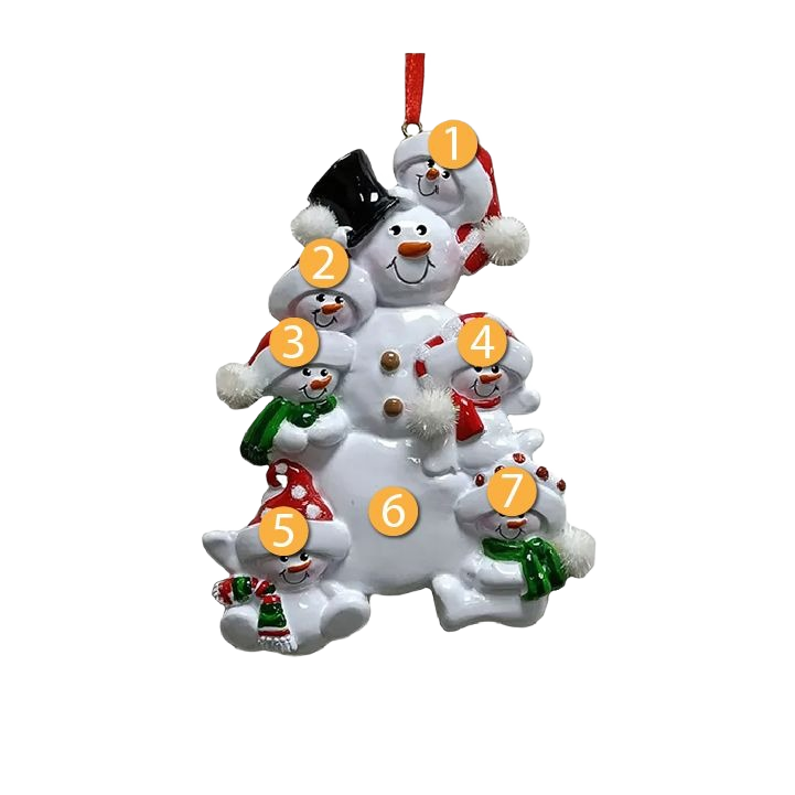 Family-themed snowman ornament with six characters, festive scarves, hats, and Christmas decoration charm under $50 collections