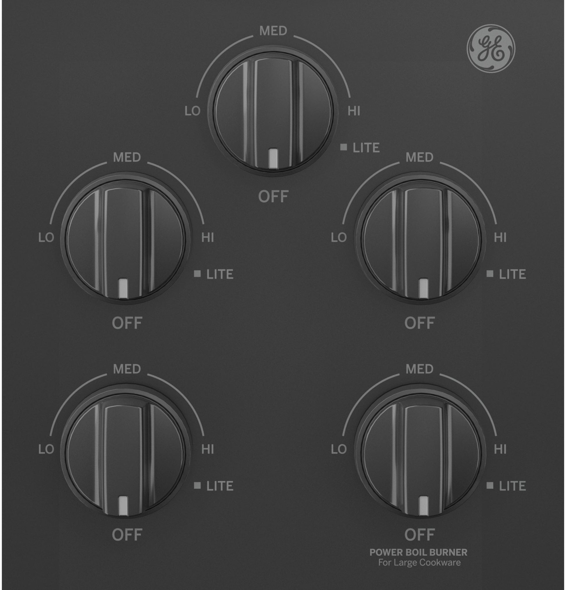 Black control panel with five gas burner knobs and GE logo in Cooktops and Gas Cooktops collections