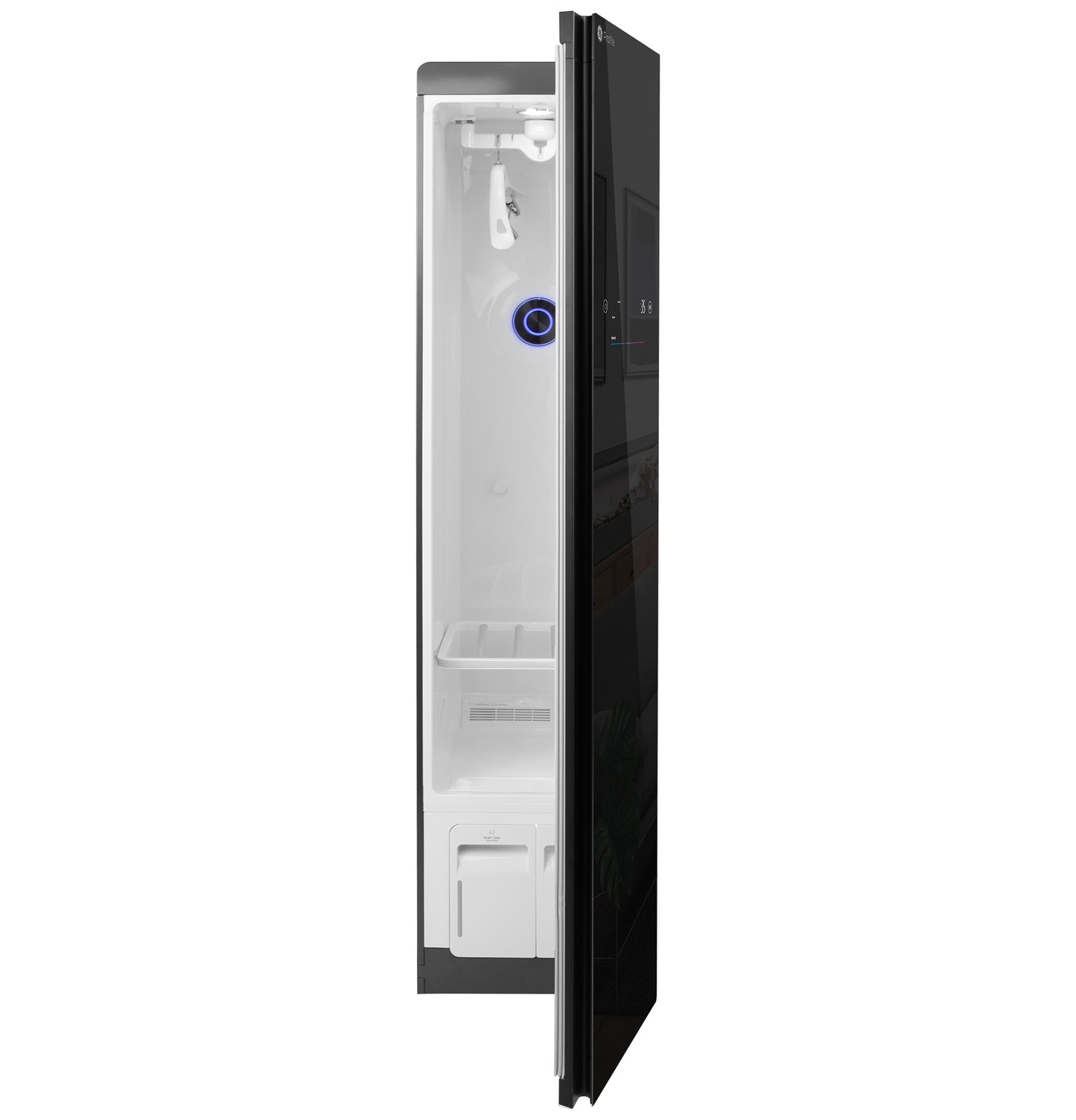Slim black steam closet with fabric refresh function and digital controls from Appliance laundry centers collection