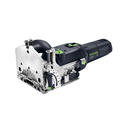 Compact black and green woodworking joiner tool with metal base and adjustable angle settings, designed for precise wood joint connections in power tools collection.