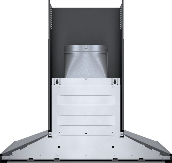 Rear view of black stainless steel wall hood ventilation duct and mounting hardware for kitchen range hood installation