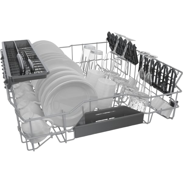 Dishwasher lower rack loaded with plates, bowls, glasses, and cutlery in Bosch kitchen appliances collection