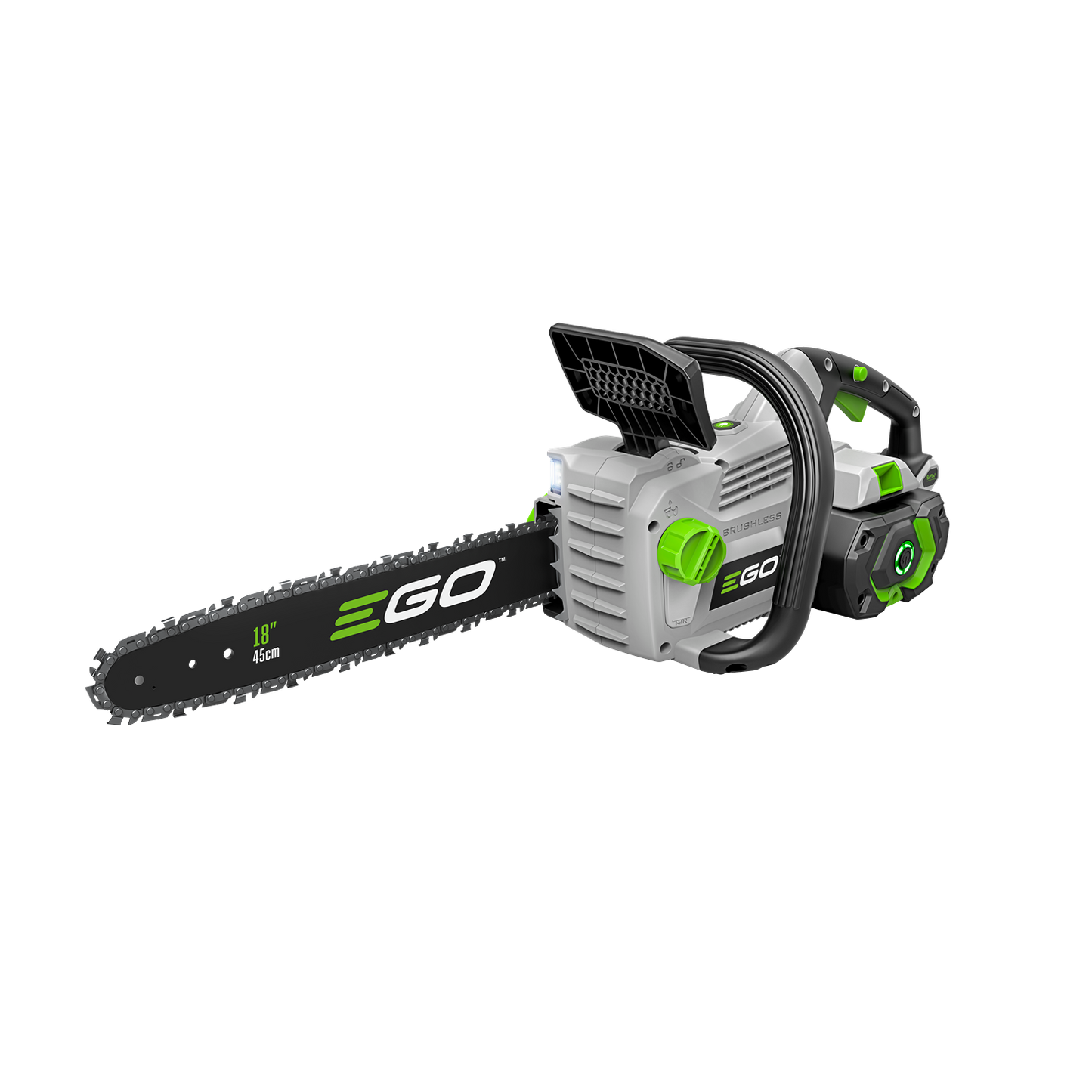 Green and gray cordless 18-inch chainsaw with ergonomic handle and battery for tools and home improvement tasks