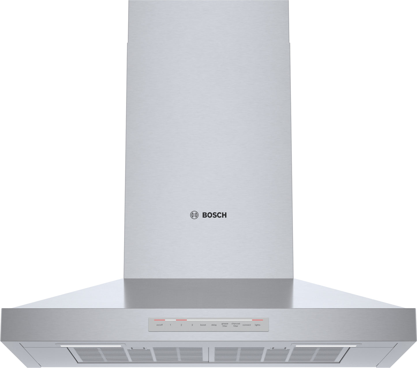 stainless steel wall hood with LED lighting and touch control panel in Bosch kitchen appliance collection