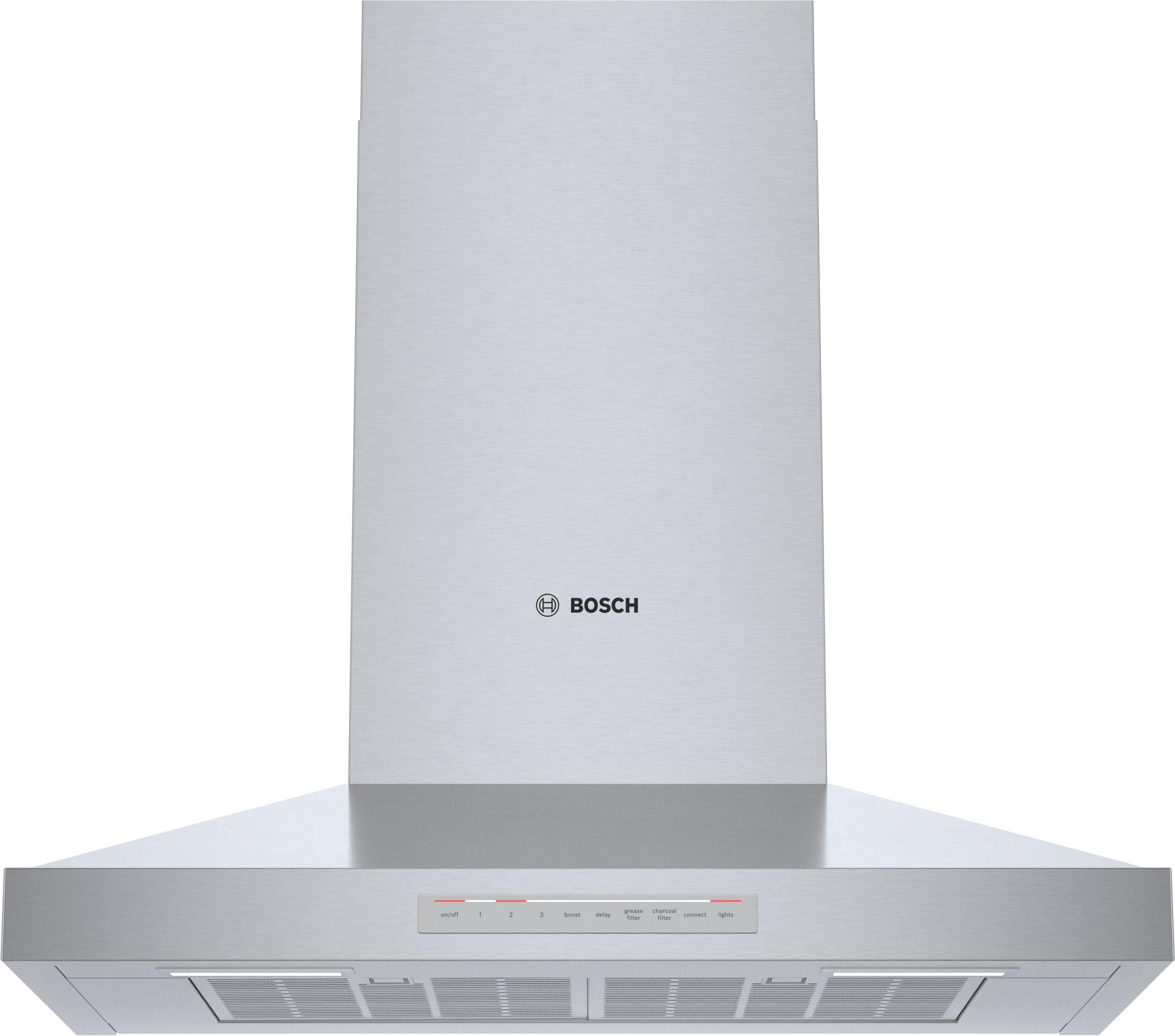 stainless steel wall hood with LED lighting and touch control panel in Bosch kitchen appliance collection