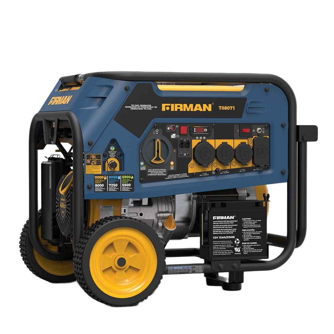Blue and yellow tri-fuel portable generator with electric start and multiple power outlets for tools and home improvement use