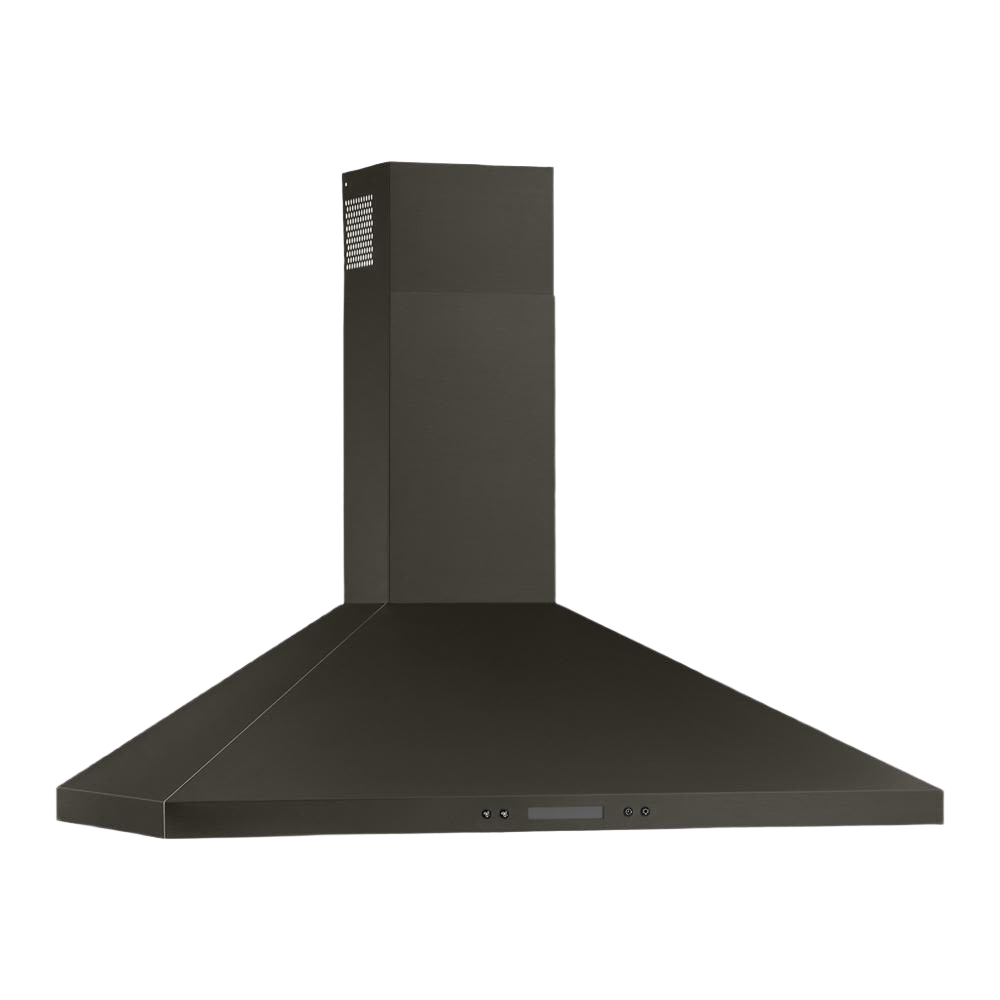 36-inch black steel chimney wall mount range hood with LED lighting and dishwasher-safe grease filters in kitchen appliances collection