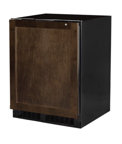 Built-in low profile refrigerator with dark wood panel door and black vent for kitchen and appliance collections