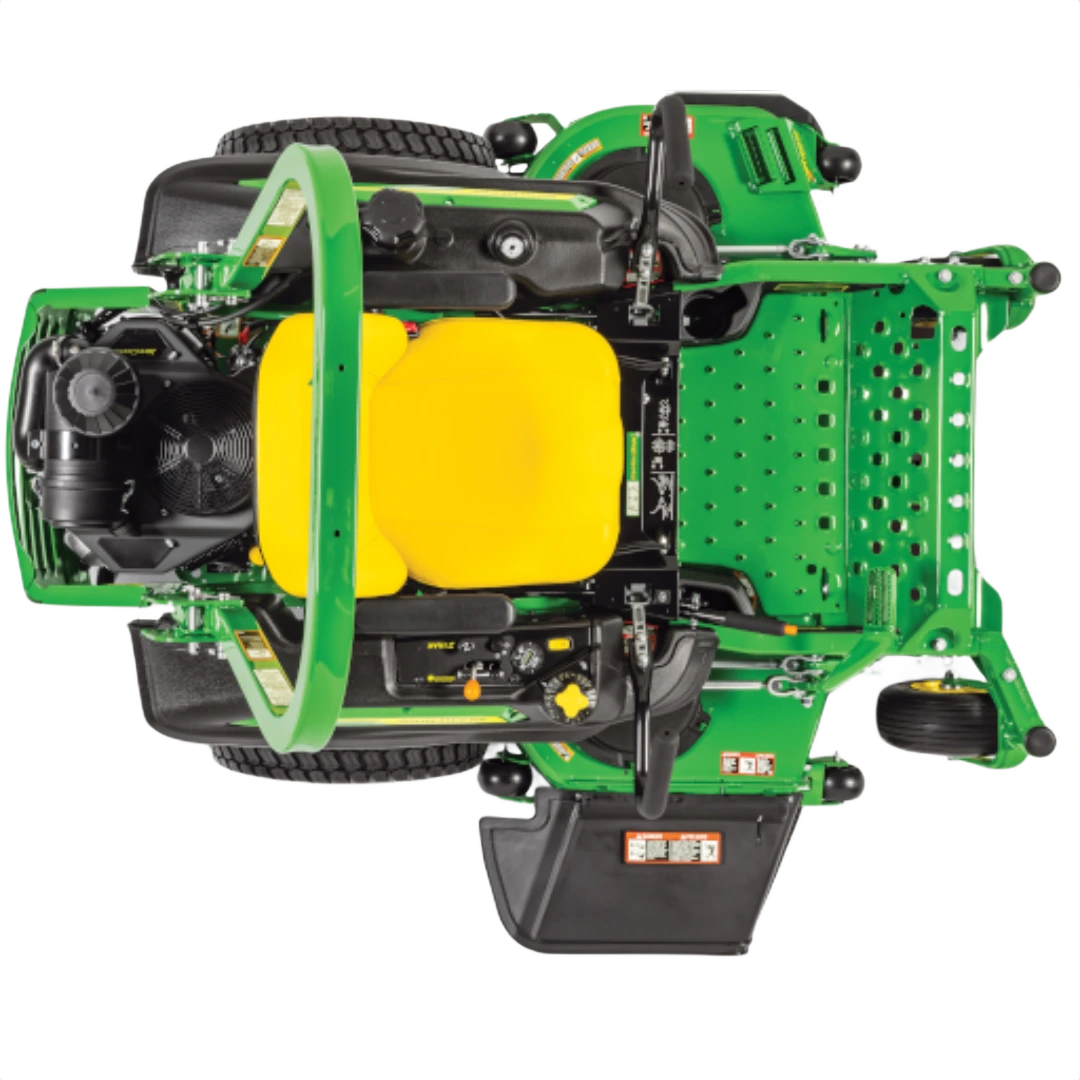 Top view of a green and yellow zero-turn mower with ergonomic seat and control levers for home improvement tasks