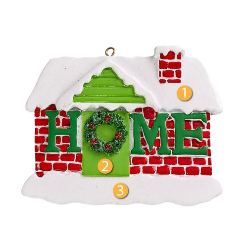 Festive red brick and green home ornament with snowy roof and Christmas wreath for holiday tree decorations under $50 collection
