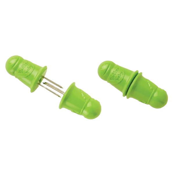Green plastic butter baby corn picks with metal prongs for easy serving and handling in the kitchen