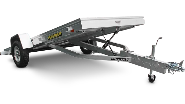 Aluminum tilt utility trailer with single axle and manual crank for transporting and loading equipment safely