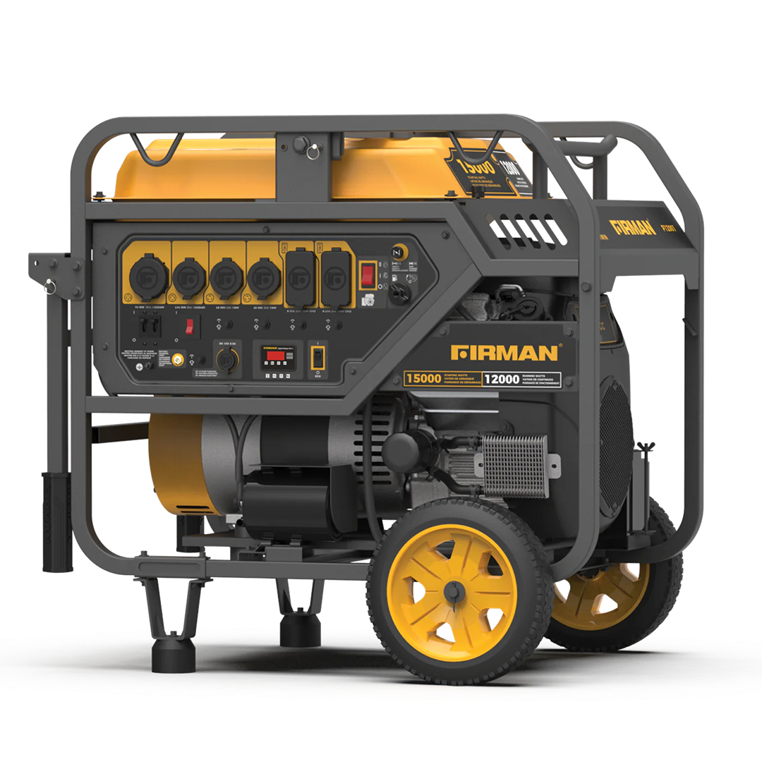 Portable generator with yellow accents, multiple outlets, sturdy frame, and large wheels for outdoor power use