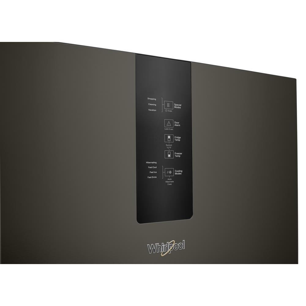 Matte black bottom-freezer refrigerator digital display panel for temperature and mode controls in appliances collection