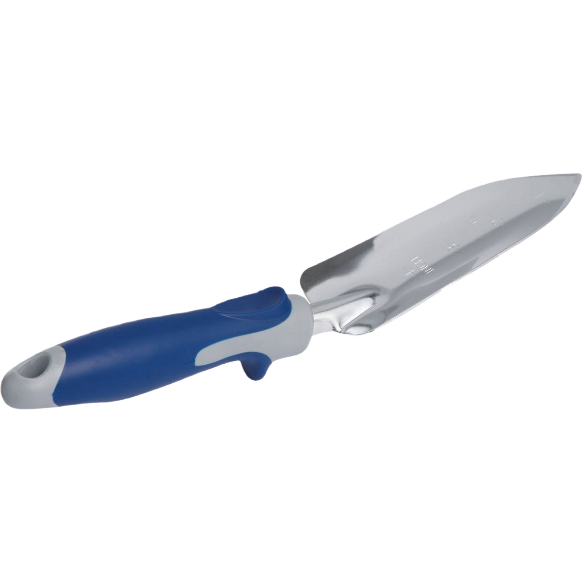 Steel hand transplanter with ergonomic blue and gray handle for gardening and home improvement tasks