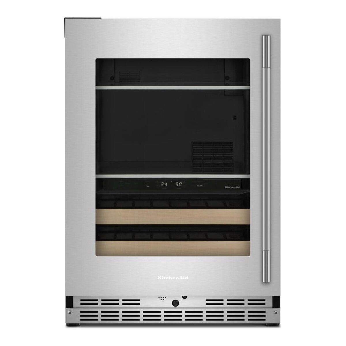 4.8 Cu. Ft. 24-Inch Beverage Center with Left Door Swing and 14-Wine Bottle Capacity with Wood-Front Racks in PrintShield® Stainless Steel