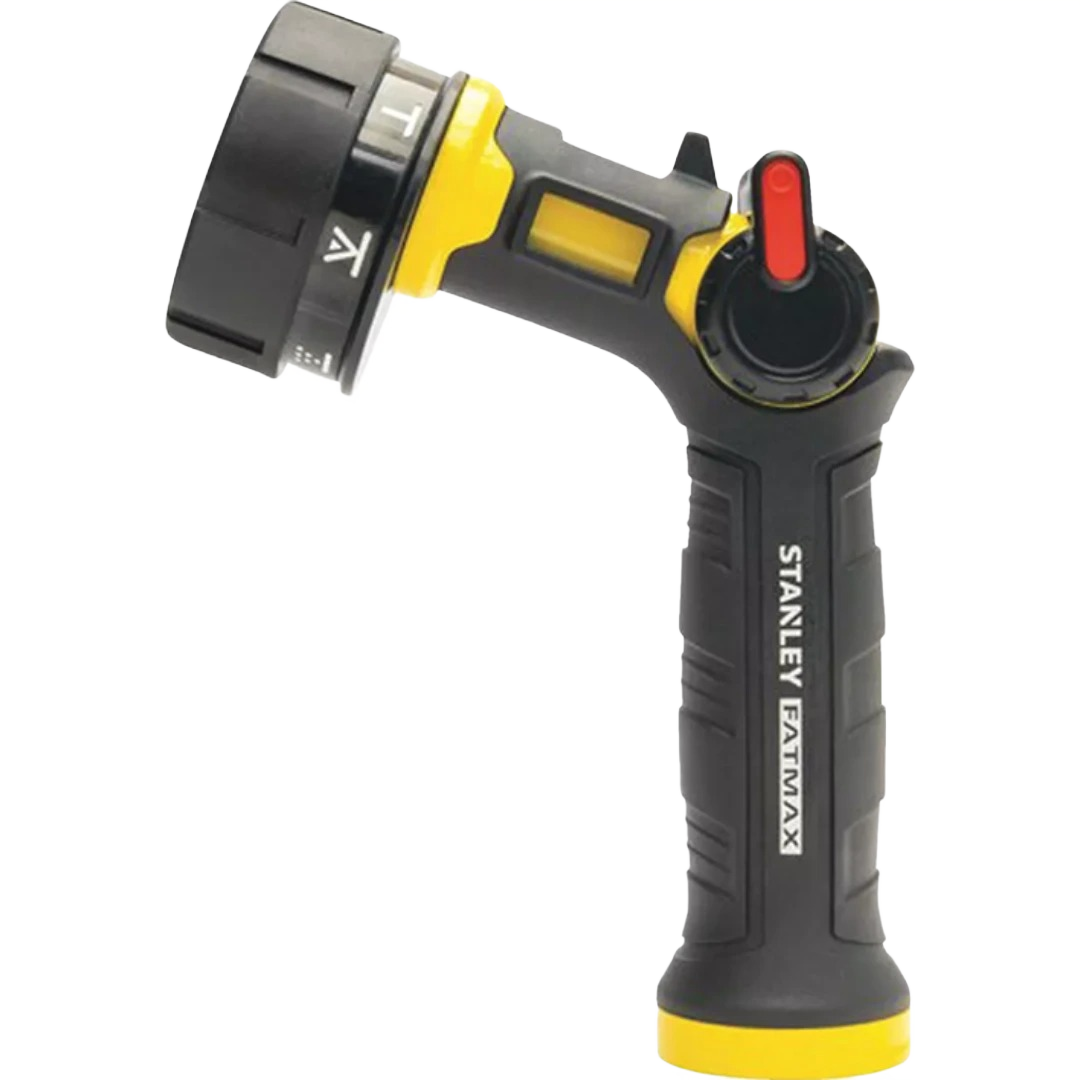 Black and yellow adjustable watering nozzle with multiple spray patterns for garden and lawn irrigation under $50
