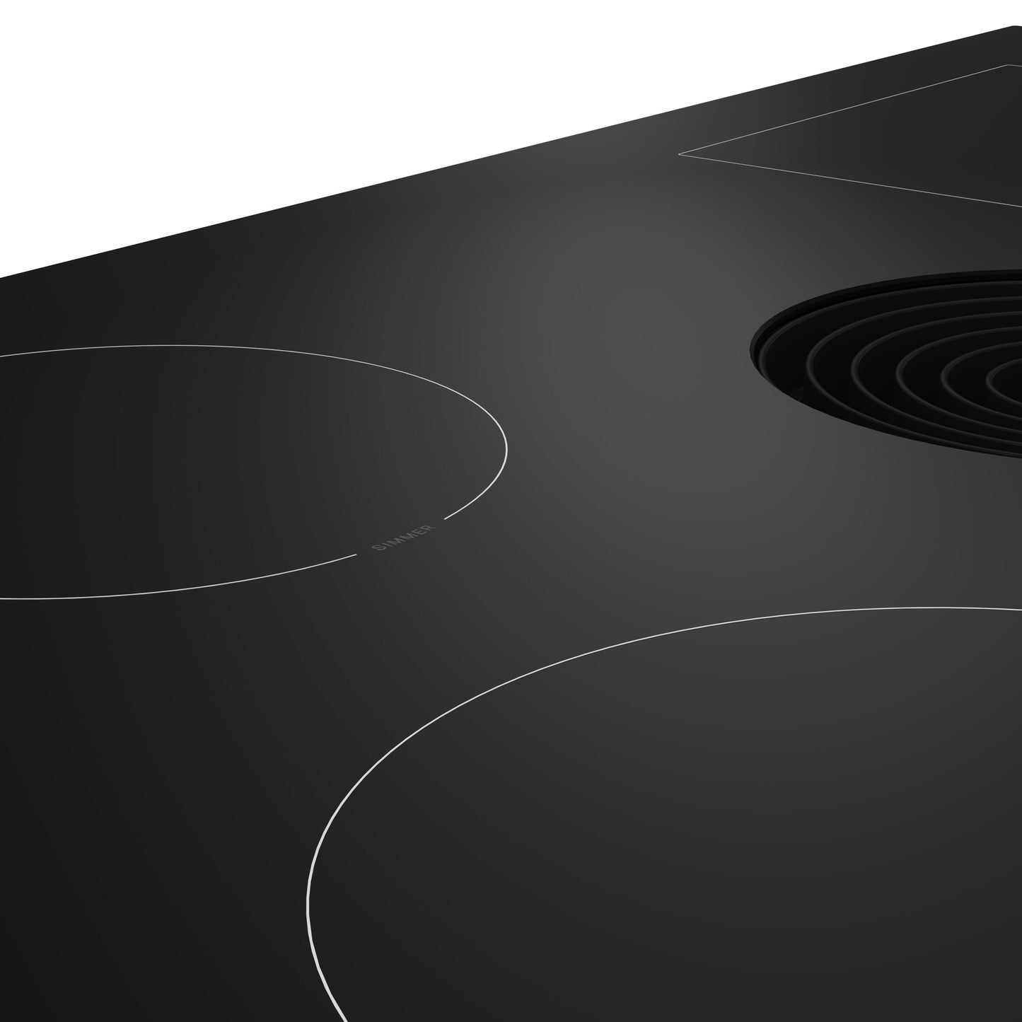 Close-up of sleek black induction cooktop surface featuring multiple heating zones and integrated downdraft vent.